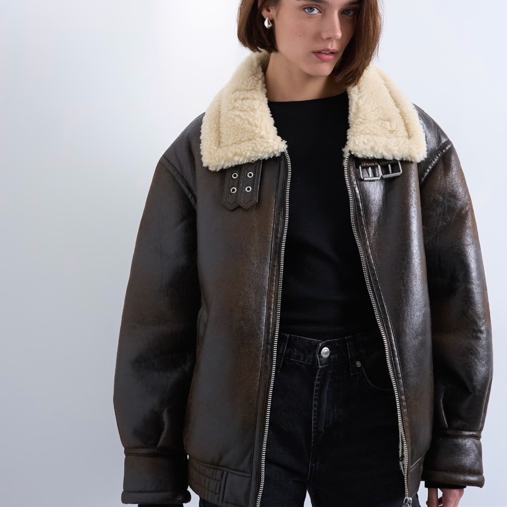 Topshop oversized tab detail shearling bomber jacket in brown.